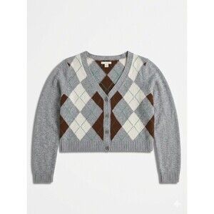 American Eagle Argyle Crop Cardigan Sweater M Grey Dark Academia Preppy